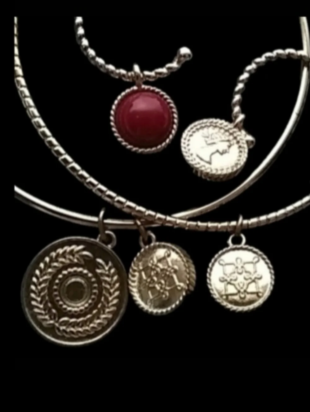 Gold-Tone Coin Charm Bangle Bracelets & Earrings with Red Enamel Accents | EUC
